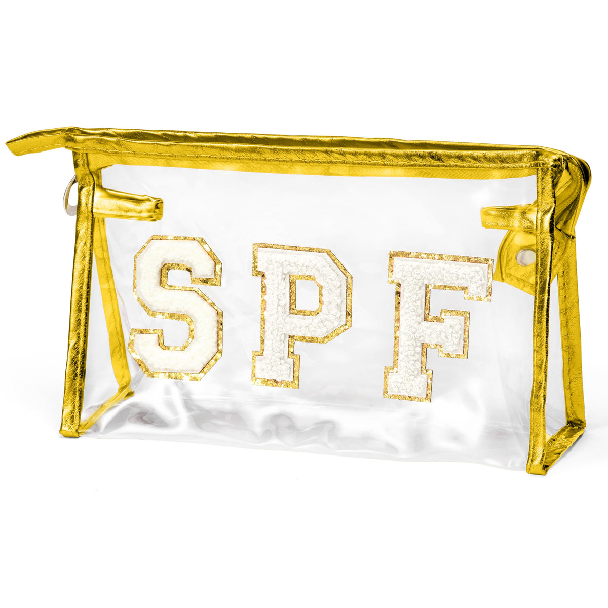 AsodSway Preppy Patch Cosmetic Bag - Summer SPF White Gold Varsity Letter Clear Toiletry Bag Aesthetic Waterproof Portable Makeup Bag Transparent PVC Clutch Purse Travel Beach Bag for Women Girls