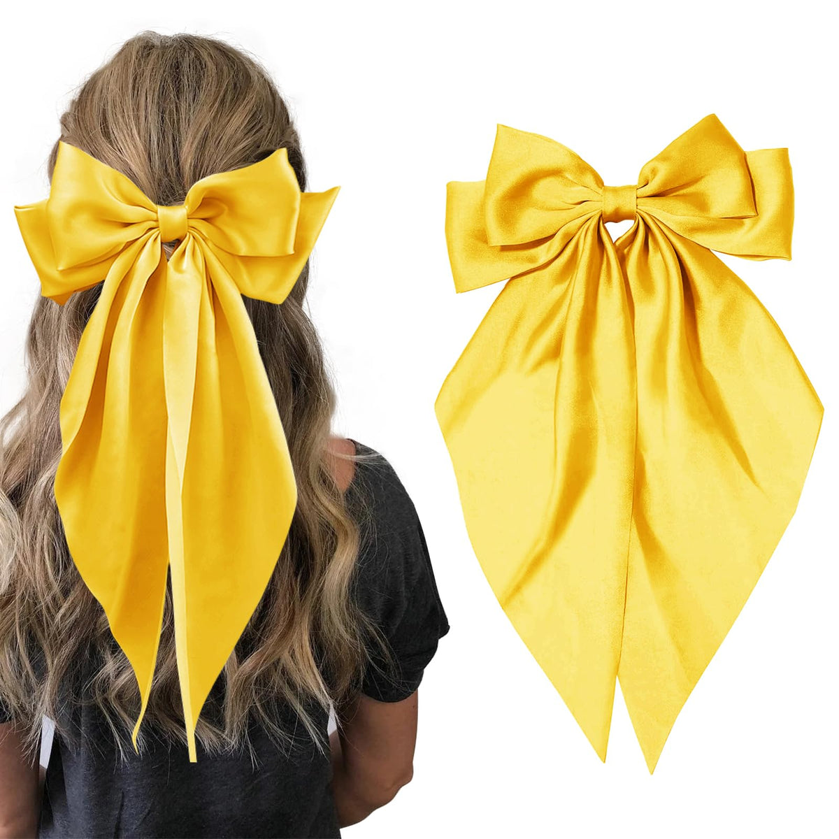 Hair Bows for Women GirlsYellow Silky Satin Hair Barrettes with Long Ribbon Tail Big French Cute Hair Bows Clip Hair Accessories for Party Women Girl