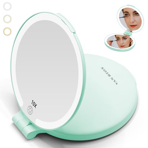 VANRIOS Rechargeable Folding 10x Magnification Double Sided Makeup Mirror with Lights6.3 Inch Portable Travel Mirror for Women with Nearsightedness | Travel Essentials for Women