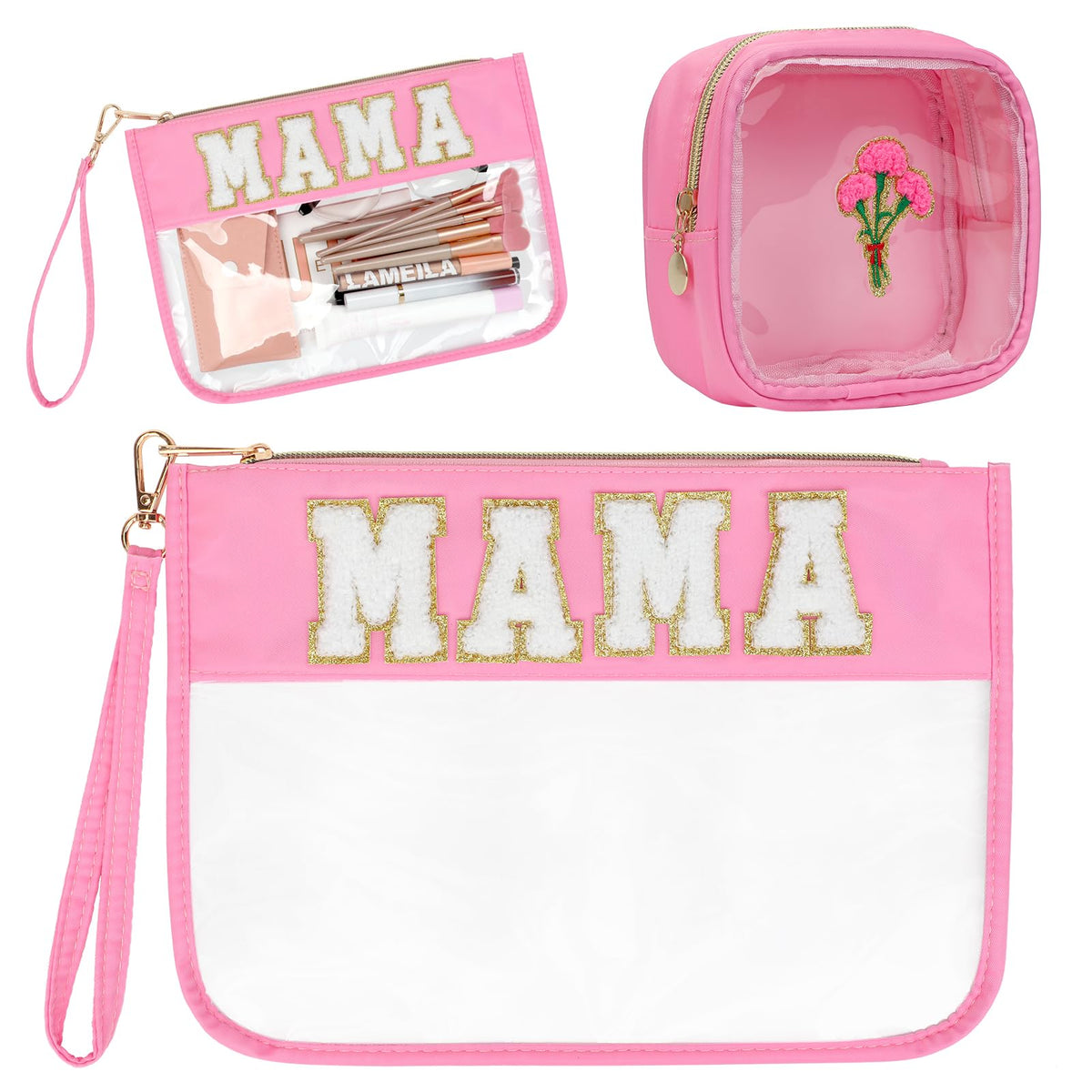 Silongder 2 Pcs Chenille Letter Clear Zipper Pouch for Travel Nylon Clear Makeup Bag Mama Purse Pouch Waterproof Cosmetic Pouch Clear Snack Bags Multipurpose Cosmetic Bag for Women (Pink-Mama)