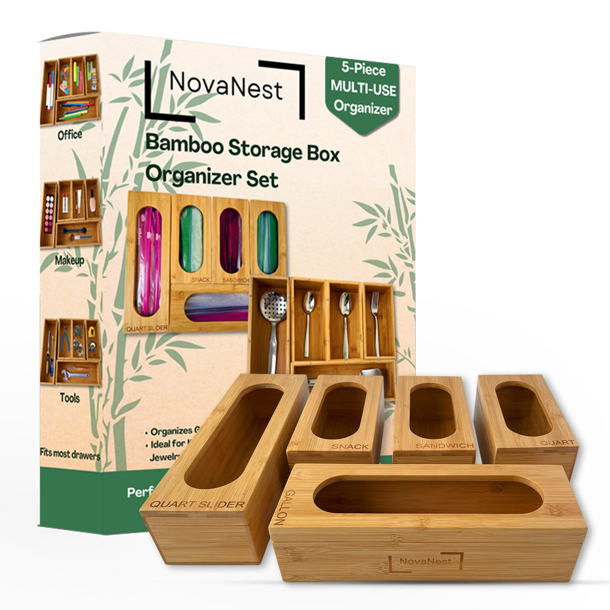 5PCS Bamboo Storage Bag Organizer Set Multi-Use Baggie Organizers for Gallon Quart Sandwich Snack Food Bags Tea Bag Silverware Ideal for Kitchen Office Makeup Bathroom Utensil Junk Drawer
