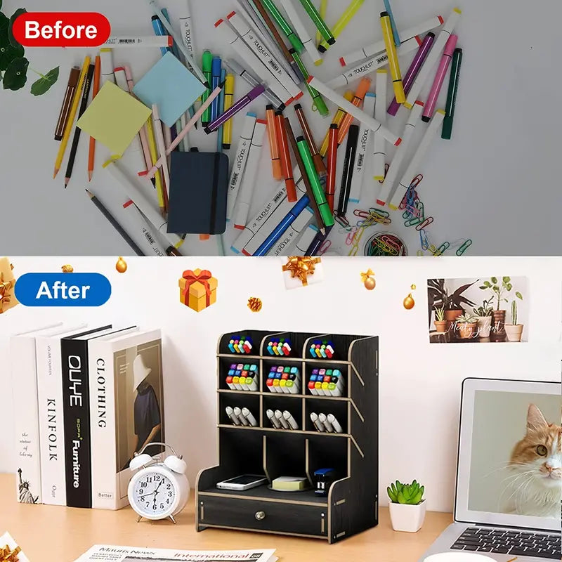 Multi-Functional Wooden Desk Organizer with Drawer