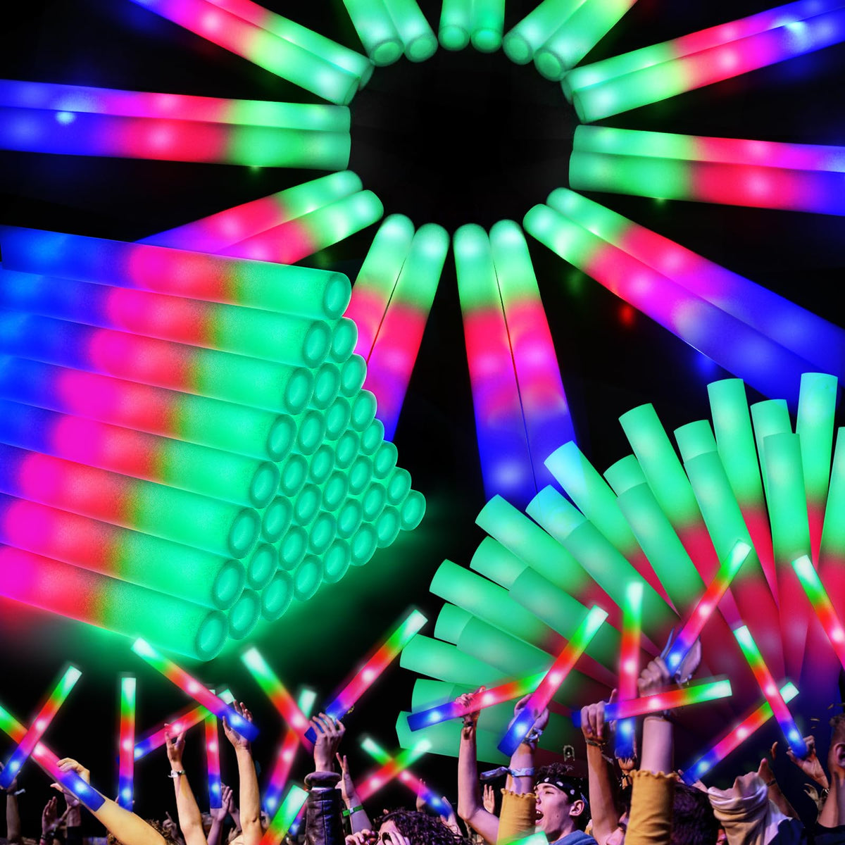 OLUPP 48 Pcs Foam Glow Sticks Glow Sticks Bulk with 3 Modes Colorful Flashing Light Up Baton Wands for Kids Glow Stick Party Pack for Wedding Raves Concert Camping New Year Carnival