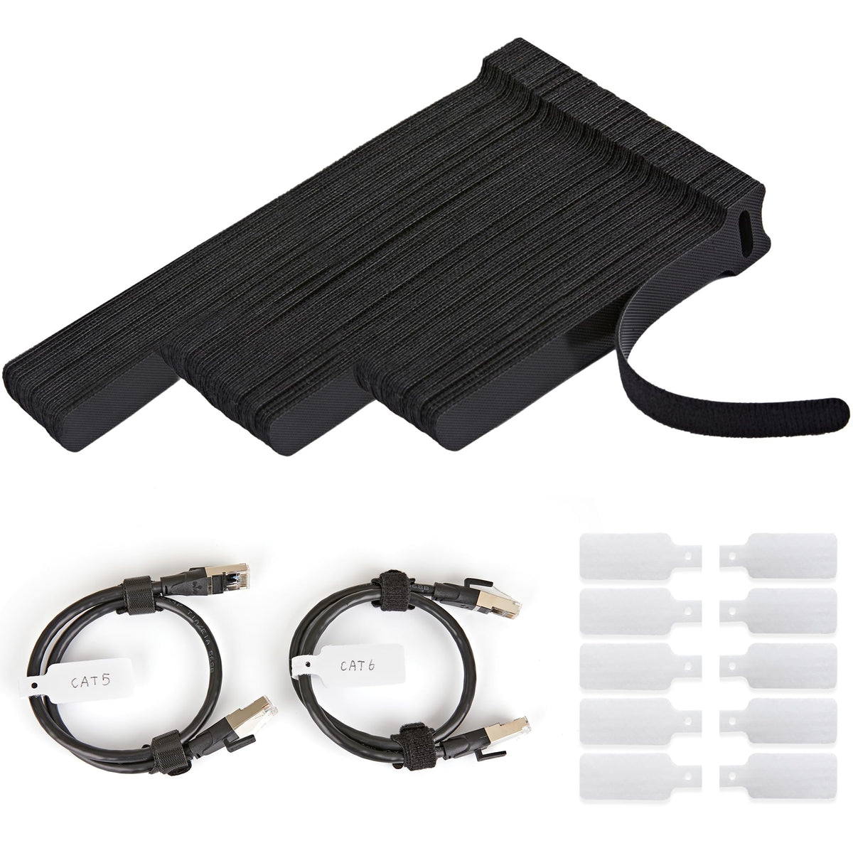 70 PCS Reusable Cable Ties with Hook and Loop Multi-purpose Adjustable Cable Management Wire Ties & 10 PCS Cable Labels Cord Organizer for Home Office and Data Centers (4/6/8 Inch Black)