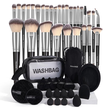 MAANGE Makeup Brushes 49 Pcs Makeup Tool Set Premium Synthetic Makeup Brush Set Foundation Powder Concealers Eye Blush Make Up Brush Kit (Black/Silver 49 Piece Set)