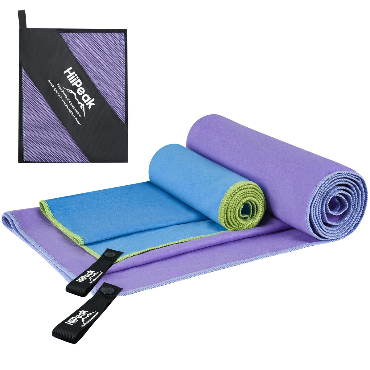 HiiPeak Microfiber Towel 2 Pack Quick Dry Towel Travel Camping Towel Super Absorbent & Lightweight for Camping Beach Sports Gym Backpacking Hiking and Yoga LightBlue & Violet 63*32" + 32*16"