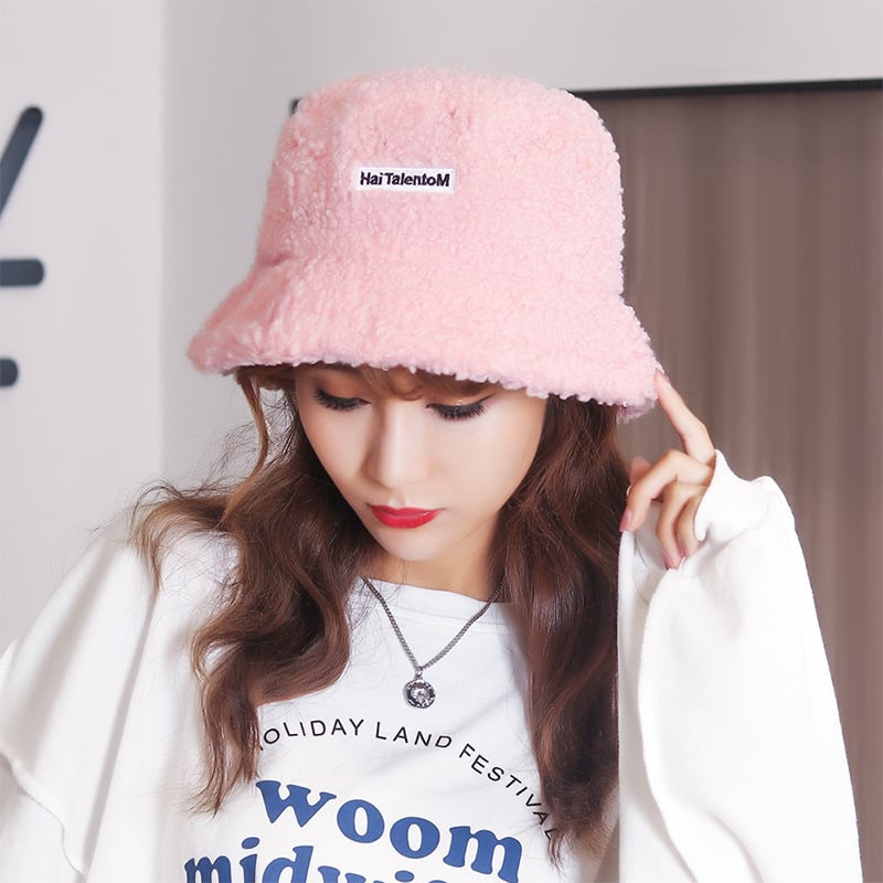 Embroidered Fisherman Hat with Lamb Hair Detail