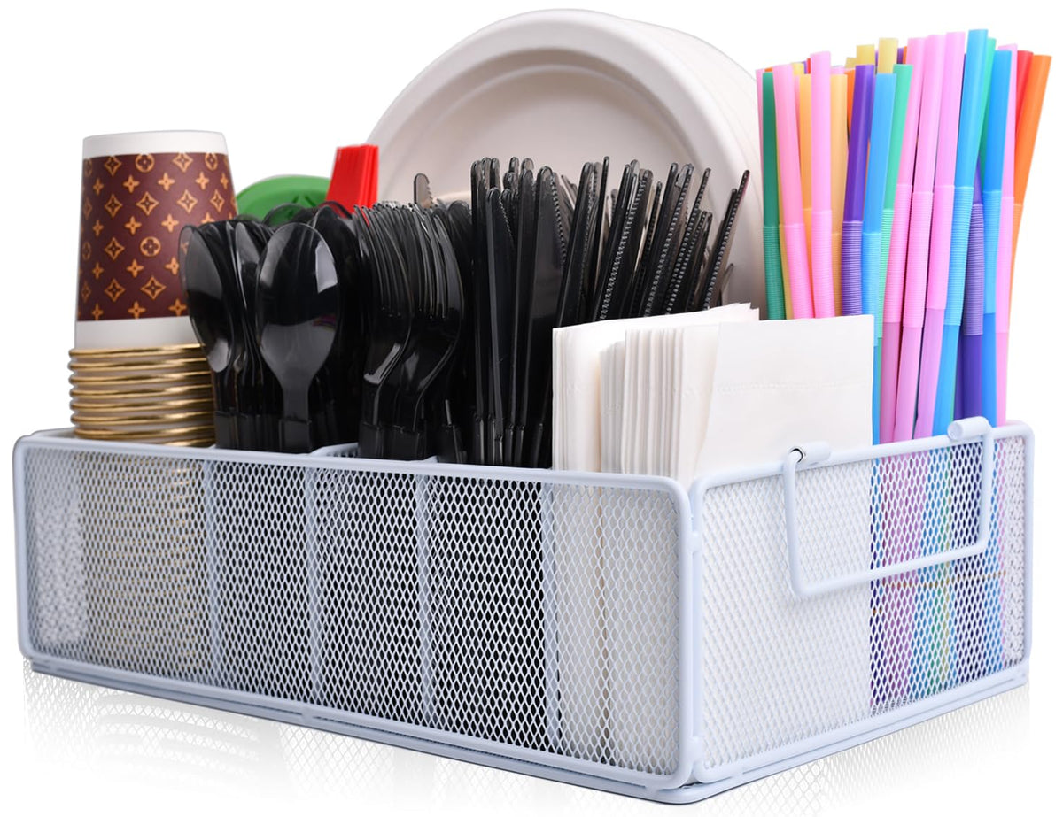 Paper Plate Organizer For Kitchen Countertop Metal Silverware Caddy With 6 Compartments For Plate Cup Napkin Paper Plate And Utensil Holder Caddy For BarbecueParty Camping Picnic (WHITE)