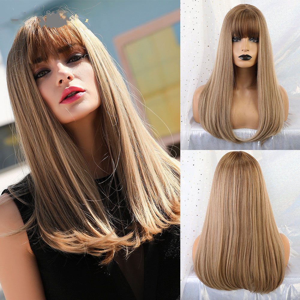 Gradient Golden Long Straight Hair with Bangs