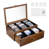 Emfogo Trading Card Storage Box 70+ Graded Card Storage Box with Custom Drawer Wood Sports Card Storage Display Case with Large Clear Window Trading Card Box with Dividers for TCG/Mtg Collection
