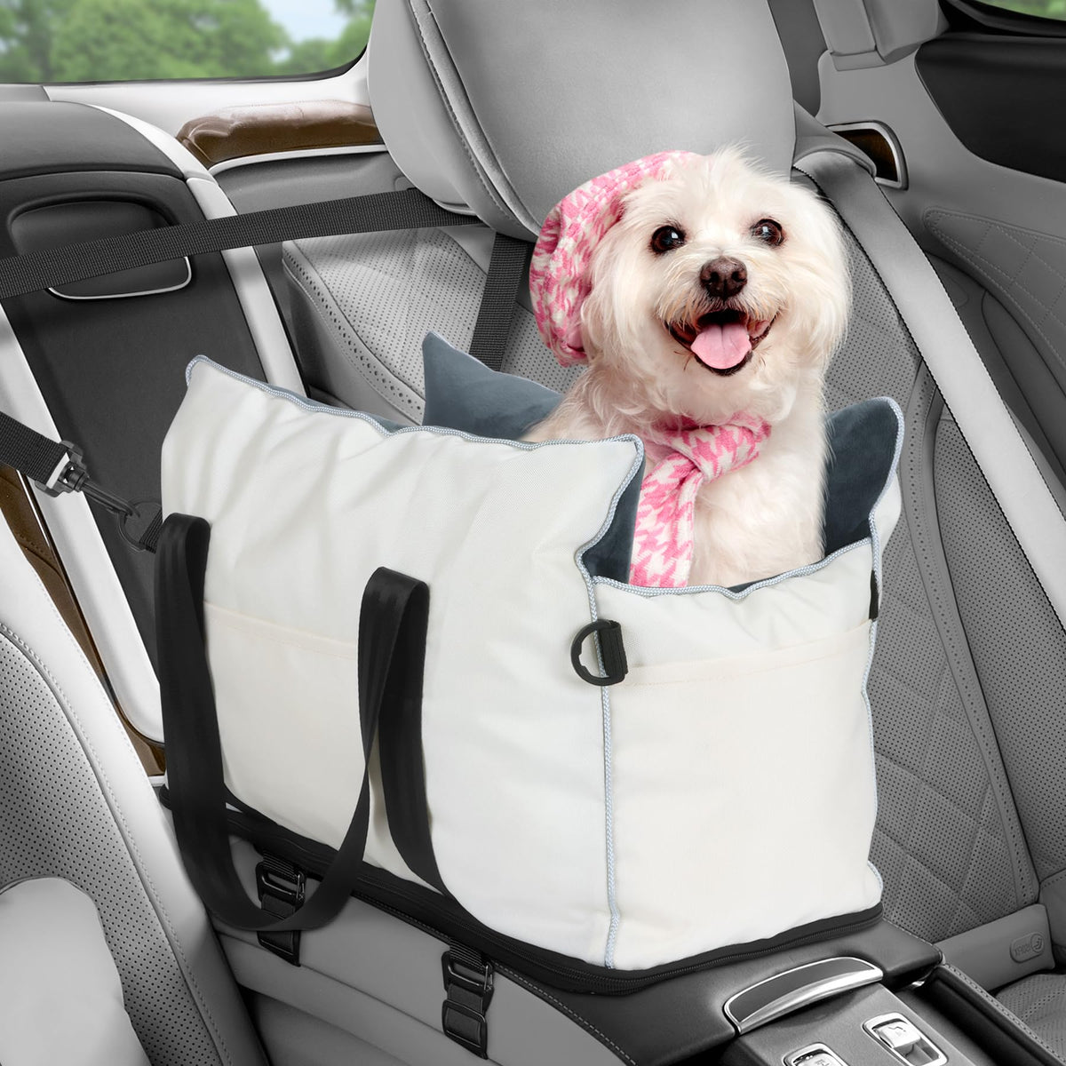 Dog Car Seat for Small Dogs Center Console Dog Bed Dog Car Booster Seat with Soft Cushion & Storage Pockets Puppy Car Seat Support Pet Up to 10lbs (Beige)