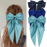 Hair Bows for Women Girls Silky Satin Big Bows Hair Barrettes Oversized Hair Accessories Long Tail Hair Ribbons -3Pcs -Sky blue & Royal blue & Navy blue