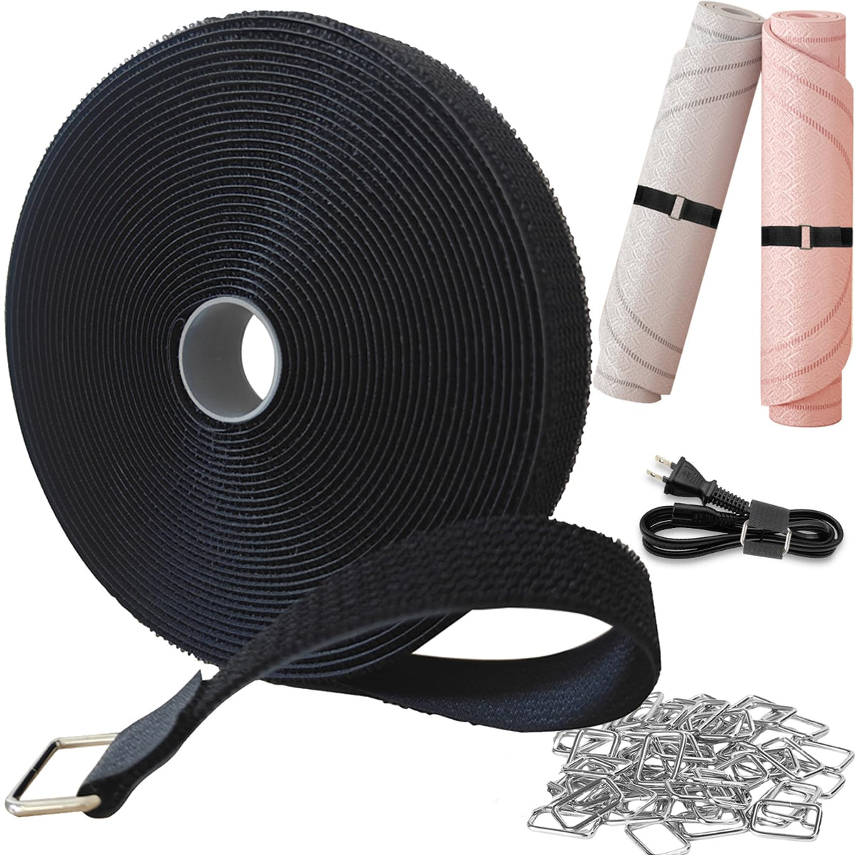 1in×40 Feet Heavy Duty Hook Loop Cable Ties Cord Storage Straps with 50 Metal Buckles Adjustable Cable Holder Straps Hose Wires and Water Pipes Organizer Reusable Cord Management Ties for Home