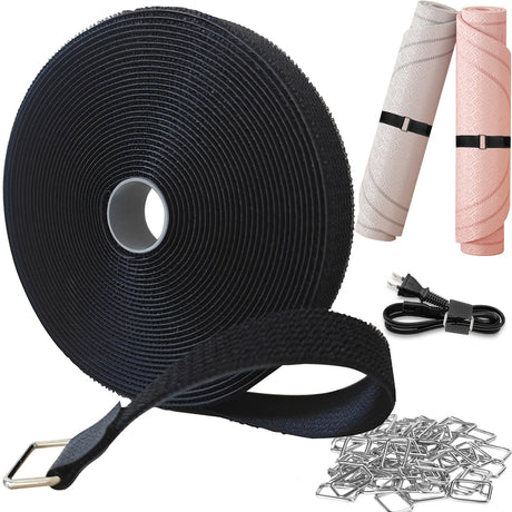 1in×40 Feet Heavy Duty Hook Loop Cable Ties Cord Storage Straps with 50 Metal Buckles Adjustable Cable Holder Straps Hose Wires and Water Pipes Organizer Reusable Cord Management Ties for Home
