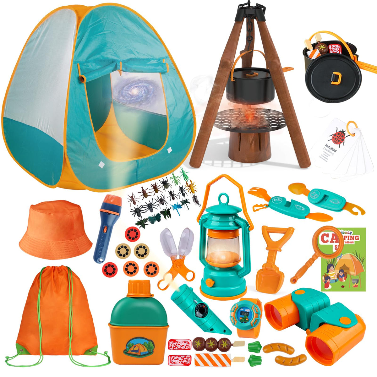 Qtioucp Kids Camping Set 50pcs with Tent & Space Projector Flashlight- Outdoor Campfire Toy Set for Toddlers Kids - Pretend Play Camp Gear Tools for Birthday Christmas