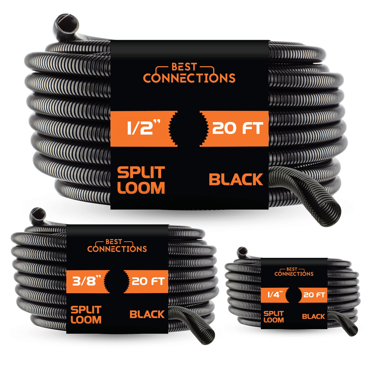 (1/4" X 20 ft) (3/8" X 20 ft) (1/2" X 20 ft) Assorted Split Wire Loom Flex-Guard Convoluted Tubing – Protective Split Cable Sleeves/Conduit for Automotive Home Industrial Electrical – Black