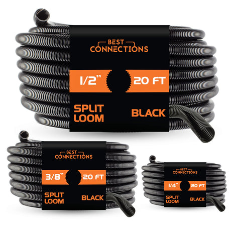 (1/4" X 20 ft) (3/8" X 20 ft) (1/2" X 20 ft) Assorted Split Wire Loom Flex-Guard Convoluted Tubing – Protective Split Cable Sleeves/Conduit for Automotive Home Industrial Electrical – Black