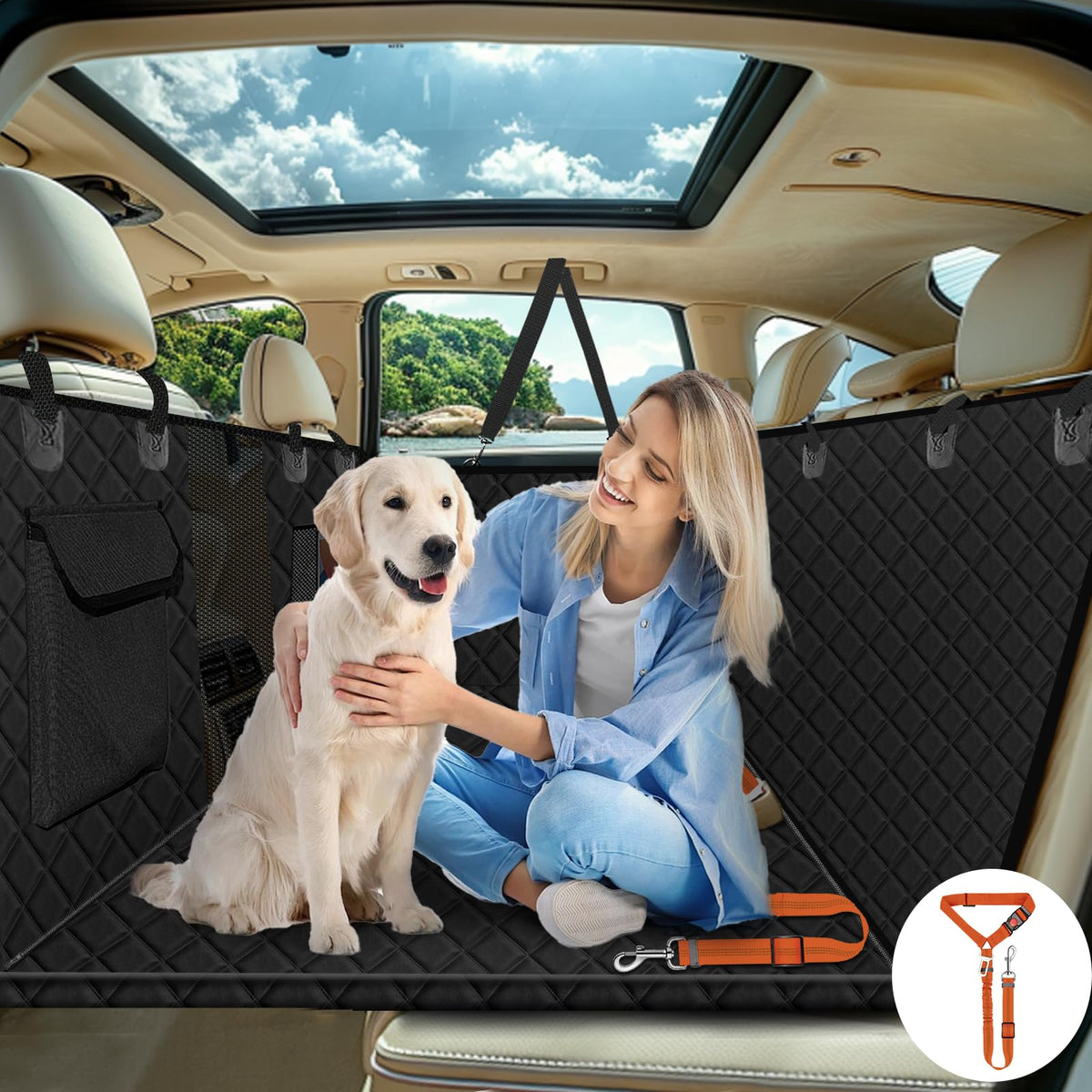 Vinstatin Back Seat Extender for Dogs with Hard Bottom Nonslip & Waterproof Dog Car Seat Cover for Back Seat Pet-Friendly Ridesharing Dog Hammock with Mesh Window Storage Pocket for Car SUV