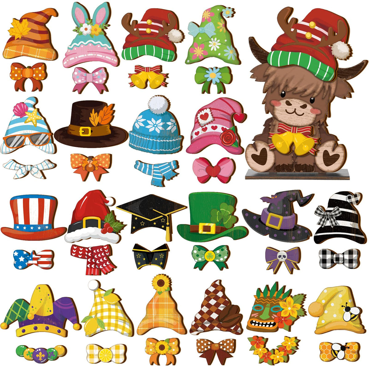 Anglechic 42 Pcs Interchangeable Highland Cow Seasonal Sign Farmhouse Rustic Holiday Decor Winter Tiered Tray Decorations Wood Home Office Desk Accessories Welcome Ornaments Birthday Gifts