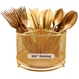 DysanVica 360° Rotating Metal Utensil Caddy - 4 Compartment Silverware Cutlery Holder Rotation Fork Spoon Napkin Organizer Flatware Storage Basket Party Countertop Buffet Picnic Camping Outdoor Gold