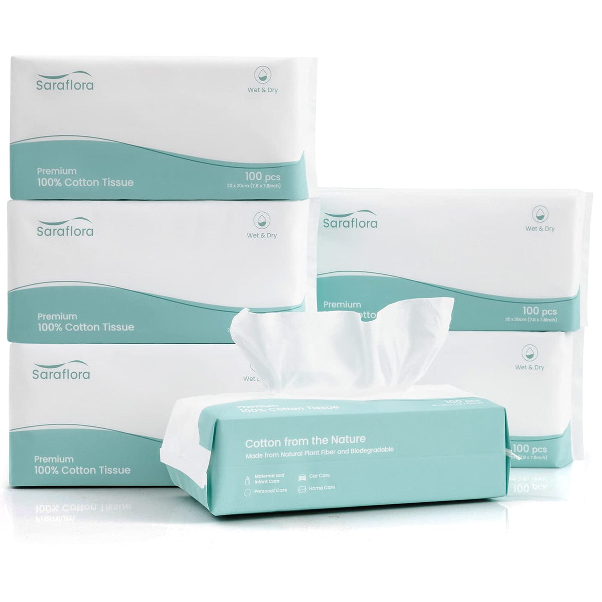 Saraflora 100% Cotton Facial Tissue Soft Dry Wipe 6 Pack Use for Sensitive Skin Disposable Face Towel Extra Thick Dry and Wet Use Disposable Cotton Tissues for Washing Face Makeup Wipes（600 Count ）