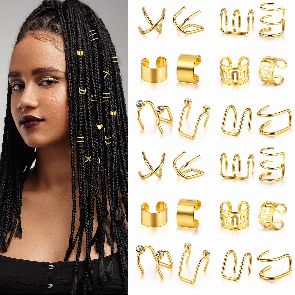 24Pcs Hair Accessories Loc Jewelry Adjustable Hair Rings Non-piercing Ear Clip Hair Dreadlocks Hair Cuff Metal Alloy Braid Clips Hair Charms for Men Women Most Hairstyles Braids (Gold 6Style)