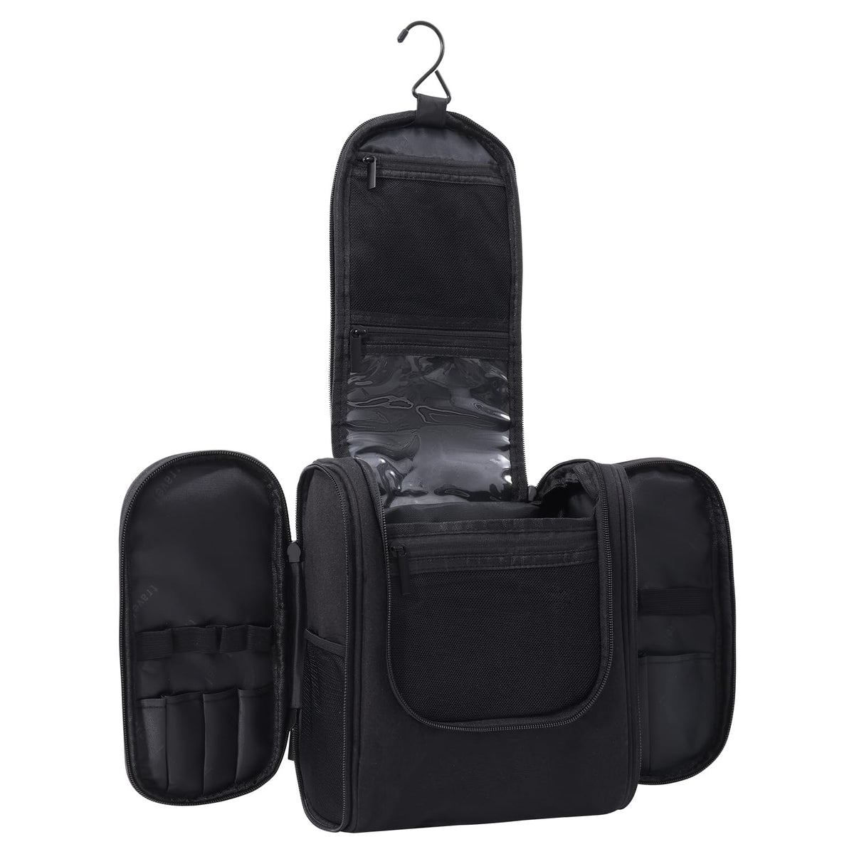 WOOMADA Toiletry Bag for WomenMakeup Bag with Metal Hanging Hook 7 Organizer Compartments with PVC Pocket Full Sized Makeup Organizer Bag for Toiletries Cosmetics Makeup Brushes(black)
