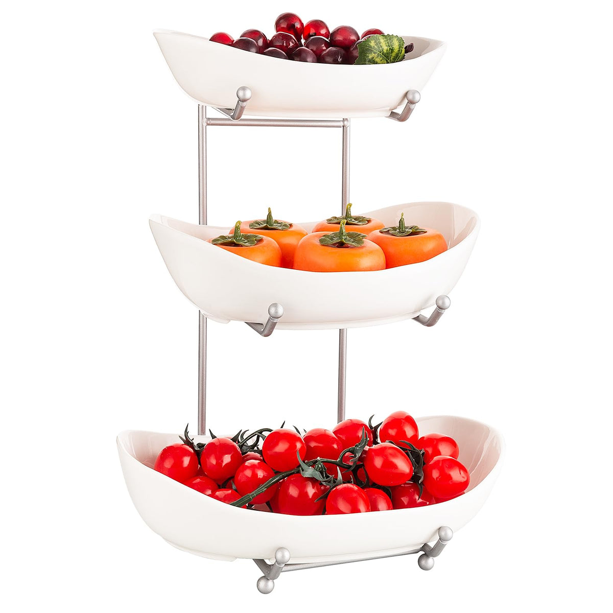 MEIGLQEA 3 Tier Fruit Basket for Kitchen Counter Silver/White Ceramic Fruit Bowl for Countertop Home Fruit Rack with Holder Vegetable Bowl Snacks Nuts Bread Candy Storage (White)