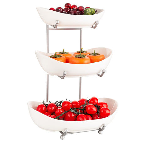 MEIGLQEA 3 Tier Fruit Basket for Kitchen Counter Silver/White Ceramic Fruit Bowl for Countertop Home Fruit Rack with Holder Vegetable Bowl Snacks Nuts Bread Candy Storage (White)