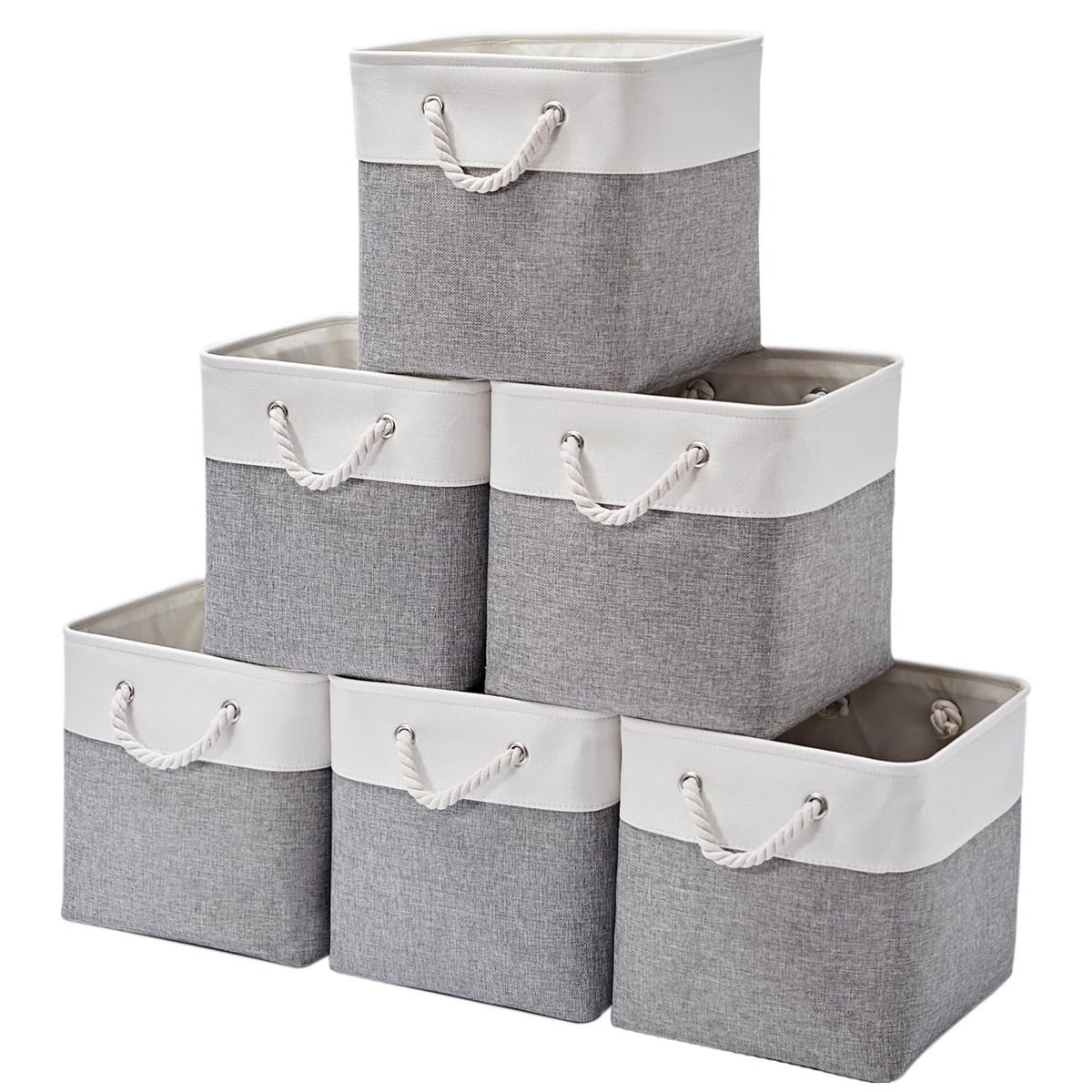 ISEMINGLA 13 x 13 Inch Storage Cubes6 Pack Cube Storage Bins for Shelves，Fabric Collapsible Storage Bins with Handles Foldable Storage Basket for Organizing Clothes Toys Books (White&Gray)