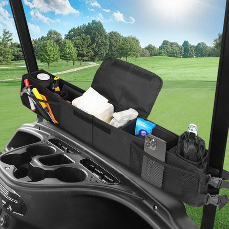 No-Drilling Golf Cart Front Storage Basket with Insulated Cup Holders Golf Cart Inner Storage Tray Adjustable Golf Cart Organizer Bag Universal Compatible with EZGO Club Car Drive Kandi Yamaha