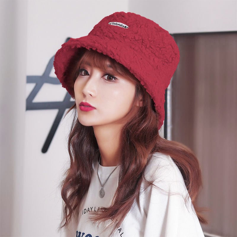 Embroidered Fisherman Hat with Lamb Hair Detail