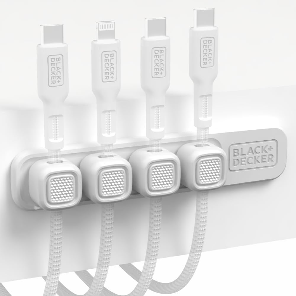 BLACK+DECKER 4 Pack Magnetic Cable Clips w/Metal Plate Adhesive Wire Holder Keeper Organizer for Home Office Phone Car Wall Desktop Nightstand (White)