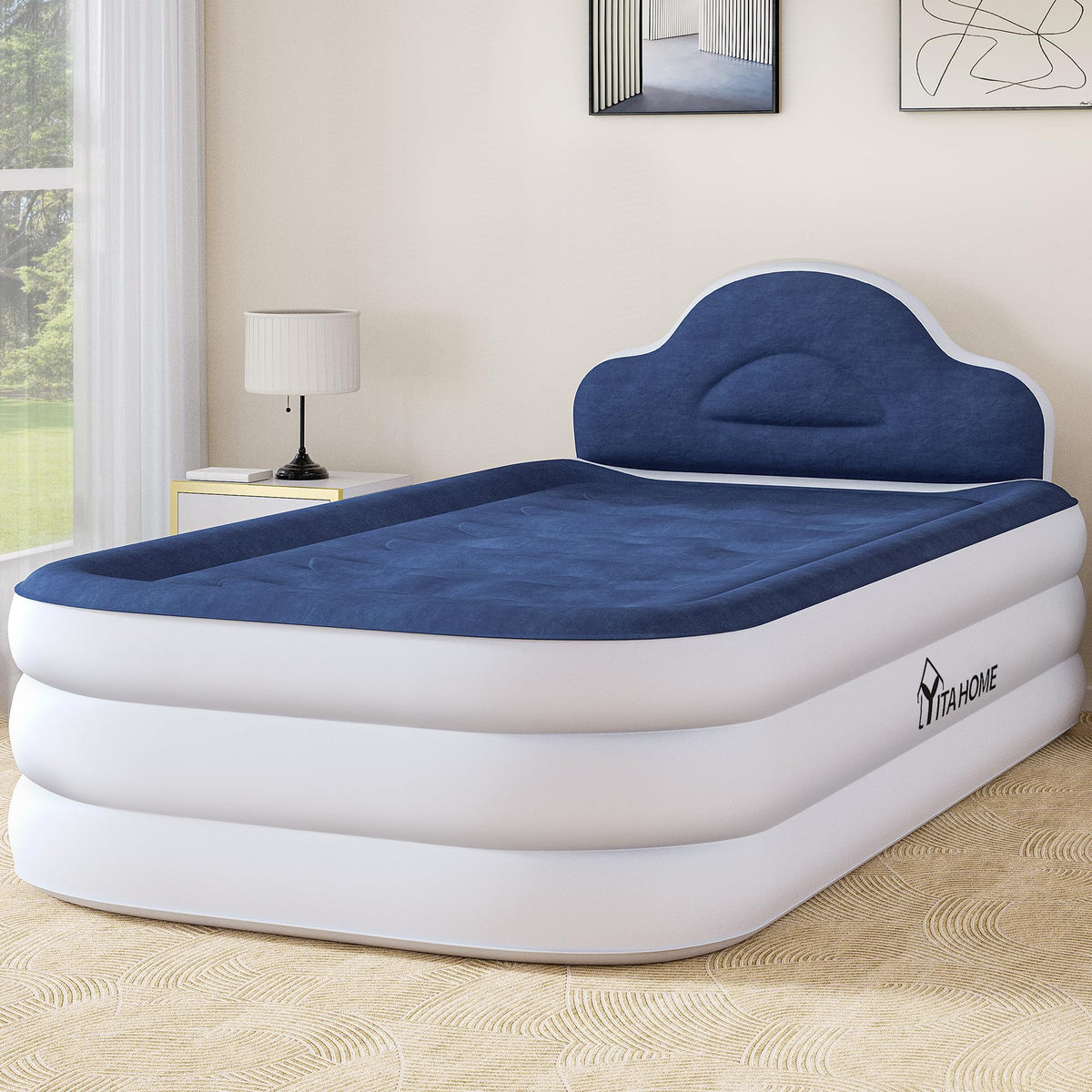 YITAHOME Twin XL Size Air Bed with Integrated Pump and Headboard 18-inch Blow-Up Mattress Including Extra Inflation Valve Carry Bag and Repair Kit Ideal for Travel Camping and Guest (Blue)
