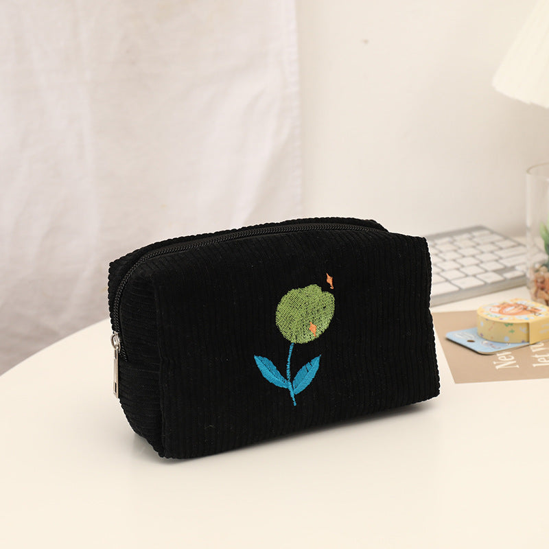 Black Tulip Embroidery Makeup Bag with Zipper Organizer