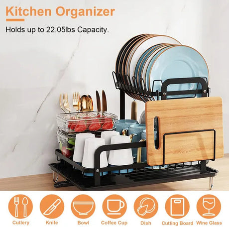 2-Tier Dish Drying Rack For Kitchen Counter Space Saving Rustproof Dish Rack With Drainboard Detachable Kitchen Drainer Organizer Set
