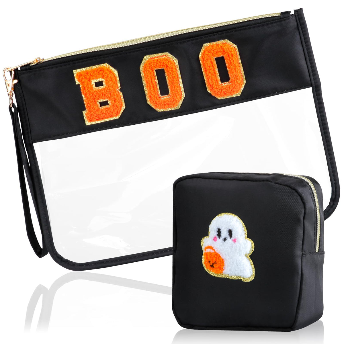 BuyCard 2 Pcs Halloween Gifts Cosmetic Makeup Bag with Boo Chenille Letter Patch Clear Pouch PVC Organizer Purse Waterproof Travel Bag Portable Toiletry Storage Bag for Her Girls Friends Women