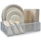 DysanVica Metal Paper Plate Dispenser - Utensil Holder for Kitchen Counter Cabinet Silverware Caddy Cutlery Flatware Organizer Storage Box for Plastic Spoon Fork Plates Napkins Cup Party Camping White