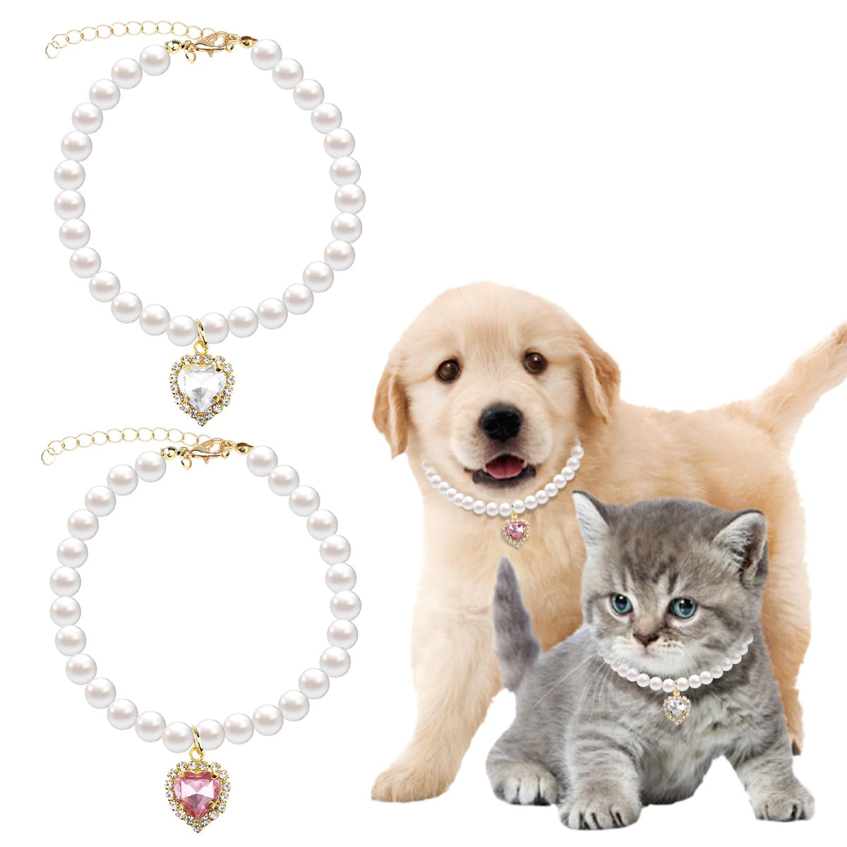 2 Pcs Girl Dog Pearl Necklace Cat Collar with Rhinestone Heart Pet Jewelry Accessories Wedding Collar for Cats Puppy Small Dogs Dress Accessories (Pink White)