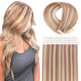 YMEYME Tape in Hair Extensions Human Hair Invisible Reusable Seamless Skin Weft Remy Tape Hair Extensions 20Pcs 50g #B8/60 Balayage Light Brown to Platinum Blonde 22inch
