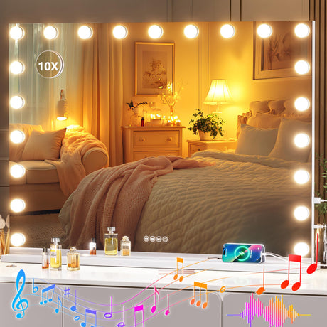 Hasipu Vanity Mirror with Lights and Bluetooth Speaker 40" x 29" Hollywood Makeup Mirror with 21 Dimmable Bulbs and 10X Magnification 3 Colors Modes USB Charging Port Type-C (White)