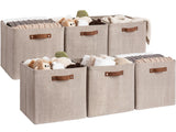 StorageWorks 13x13 Storage Cubes Collapsible Storage Bins Organizer for Closet Fabric Storage Box with PU Handles Brown and Beige 6-Pack