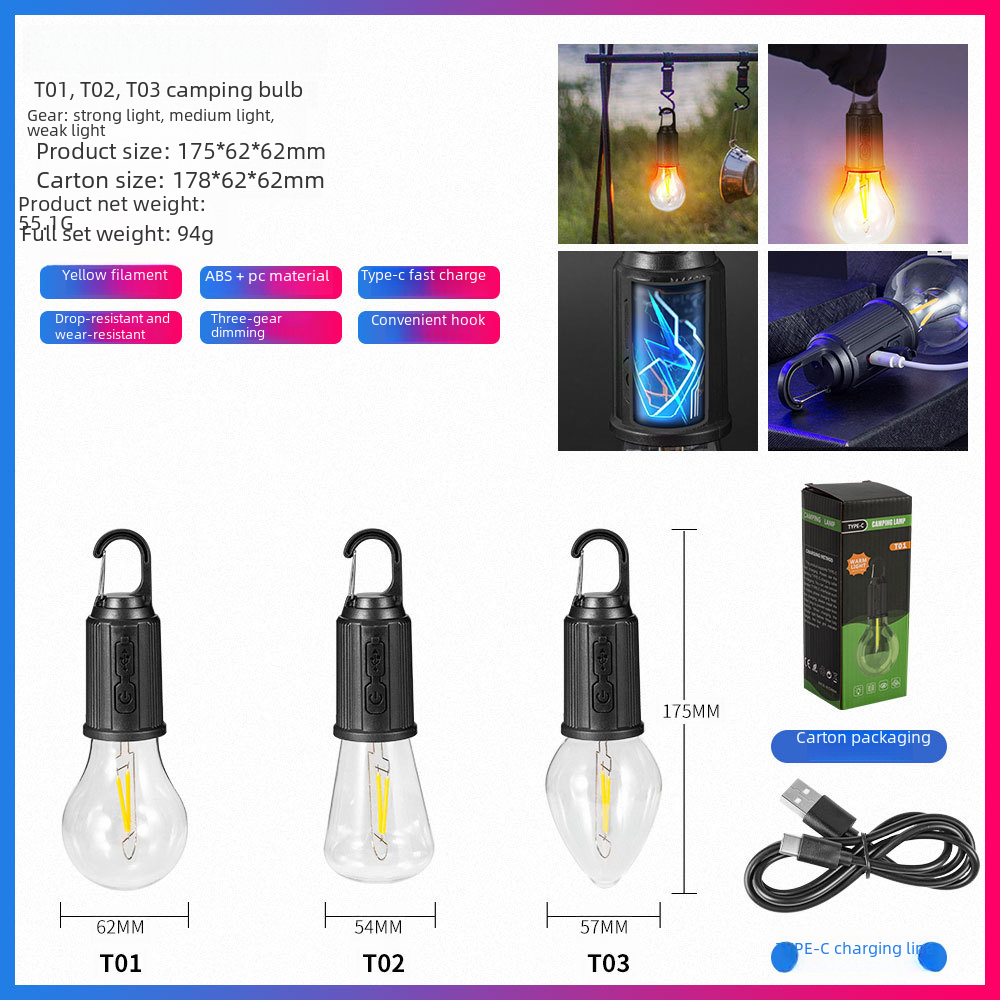 Portable Camping Light with Hook Design and Power Source