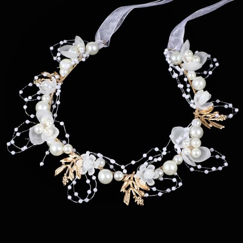 Sibba Flower Headpiece Headband 1 PC White Pearl Tiara Little Hairband Wedding Brides Crown Clips Headwear Floral Hair Bands Headpiece Tiaras Dresses Fairy Decorations Accessory Girls Women