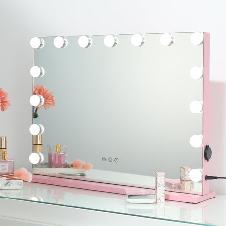 SHOWTIMEZ Vanity Mirror Makeup Mirror with Lights Hollywoood Vanity Makeup Mirror with LED Lights USB Charger Pink W22.8xH17.5in.
