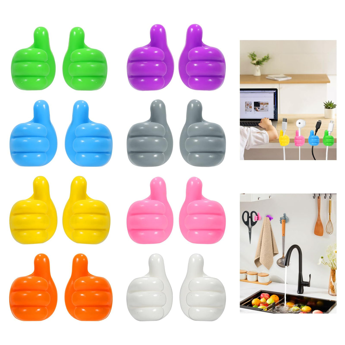 GESHE Silicone Thumb Wall Hook - 16 PCS Multi-Function Self-Adhesive Cord Holder for Cable Clip Key Hat Makeup Brush Home Office Cable Clip Wire Desk Organizer