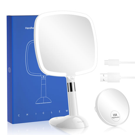 CHICLEW® Makeup Mirror with Lights 1X/15X Magnifying Mirror with 60 LED Lights Rechargeable 2 in 1 Hand held and Table Light Up Mirrors for Makeup 3 Colors Lighting Modes Stepless Dimming
