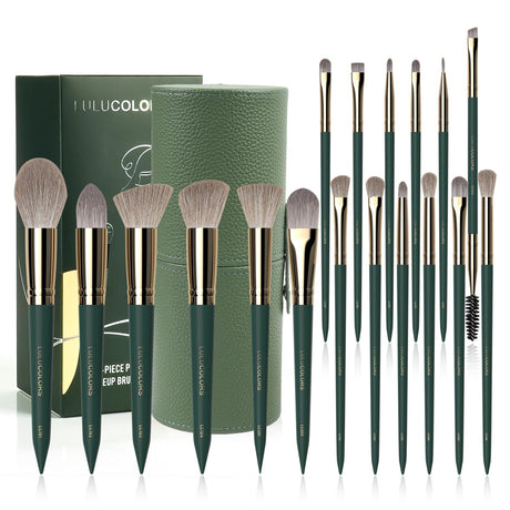 LULUCOLORS 18-Piece Makeup Brush Set with Holder Case – Complete Professional Brush Collection for Flawless Makeup Application -Soft Bristles (Green)