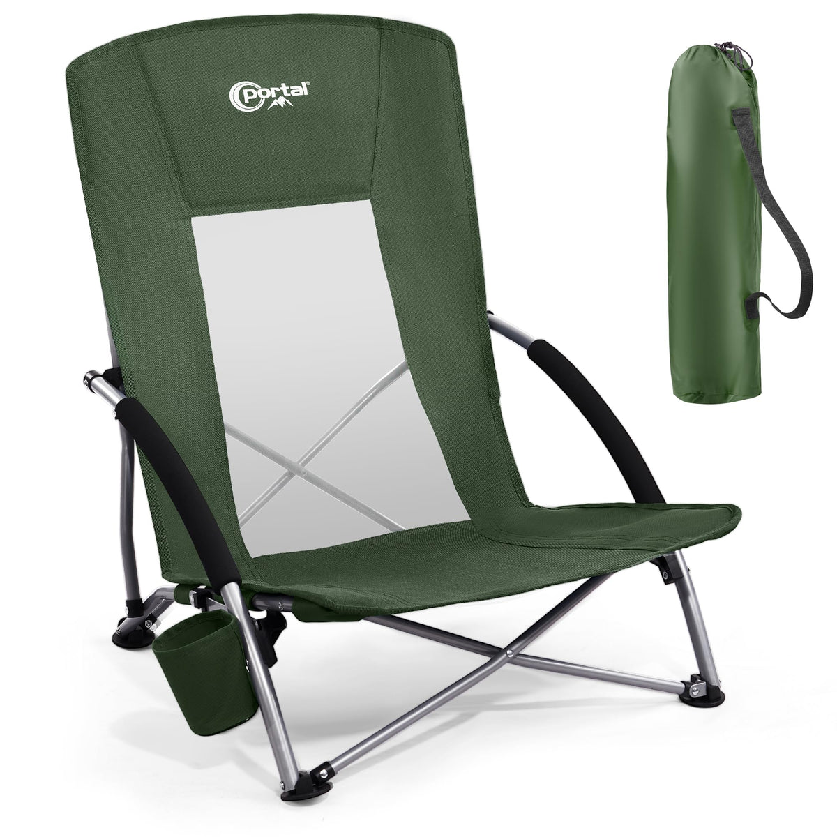 PORTAL Beach Chairs for Adults High Back Low Folding Camping Chair Portable Lightweight with Cup Holder for Travel Concert Lawn Festival Support 350lbs Green