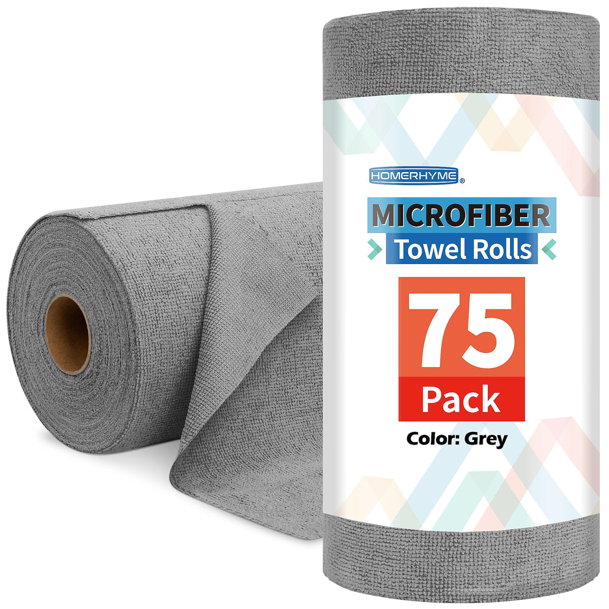HOMERHYME Microfiber Cleaning Cloth Roll 75 Pack Tear Away Microfiber Towels Reusable Washable Paper Towels Lint Free Cleaning Rags for Car Home Garage & Shop 11.5"x11.5" Grey